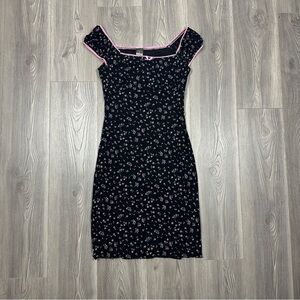 NWT Blu Reed‎ Vintage Black Floral Dress Pink Trim Bow Detail Size L Y2K